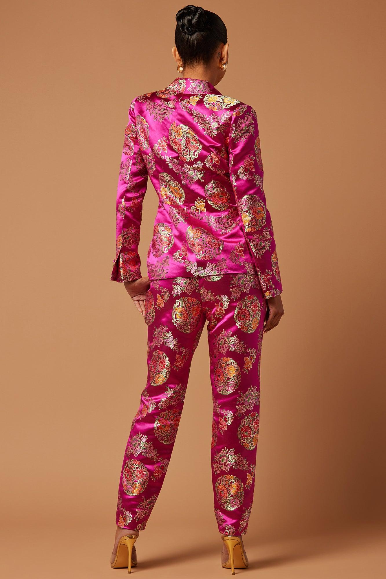 Margo Satin Embroidered Blazer Suit Set - Fuchsia Product Image
