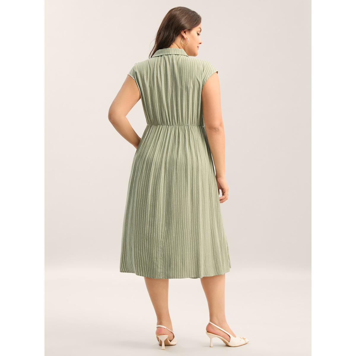 Plus Size Stripe Print Button Detail Collar Midi Dress Sage Women Shirt collar Cap Sleeve Curvy BloomChic 22-24/3X Product Image