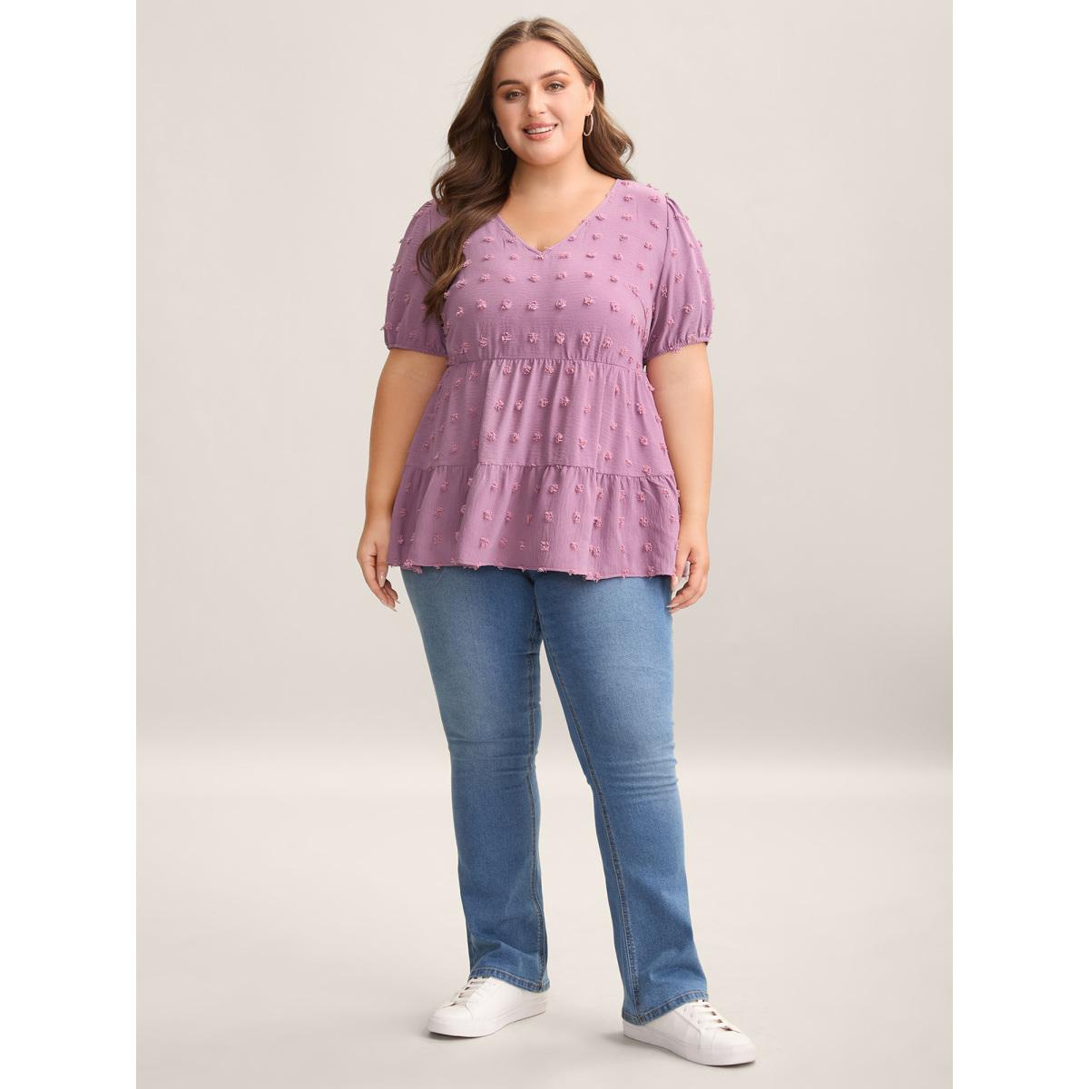 Plus Size Mauve Textured Puff Sleeve Tiered Blouse Women Casual Short sleeve V-neck Everyday Blouses BloomChic 10/M Product Image