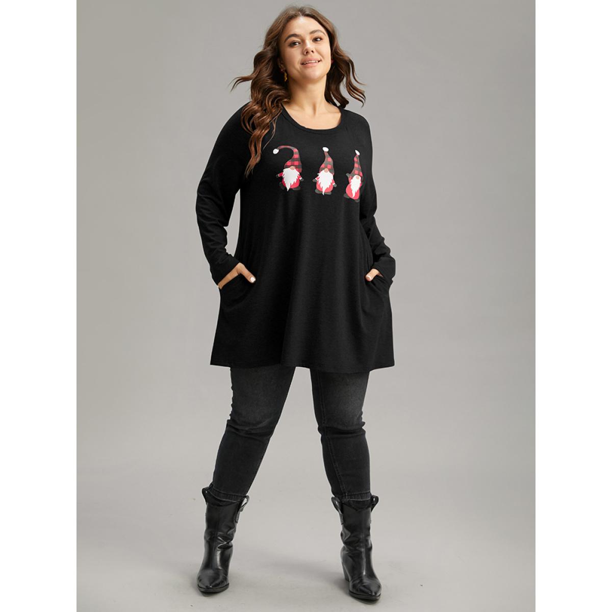 Plus Size Santa Claus Print Long Sleeve T-shirt Black Women Casual Printed Christmas Dailywear T-shirts BloomChic 12/L Product Image