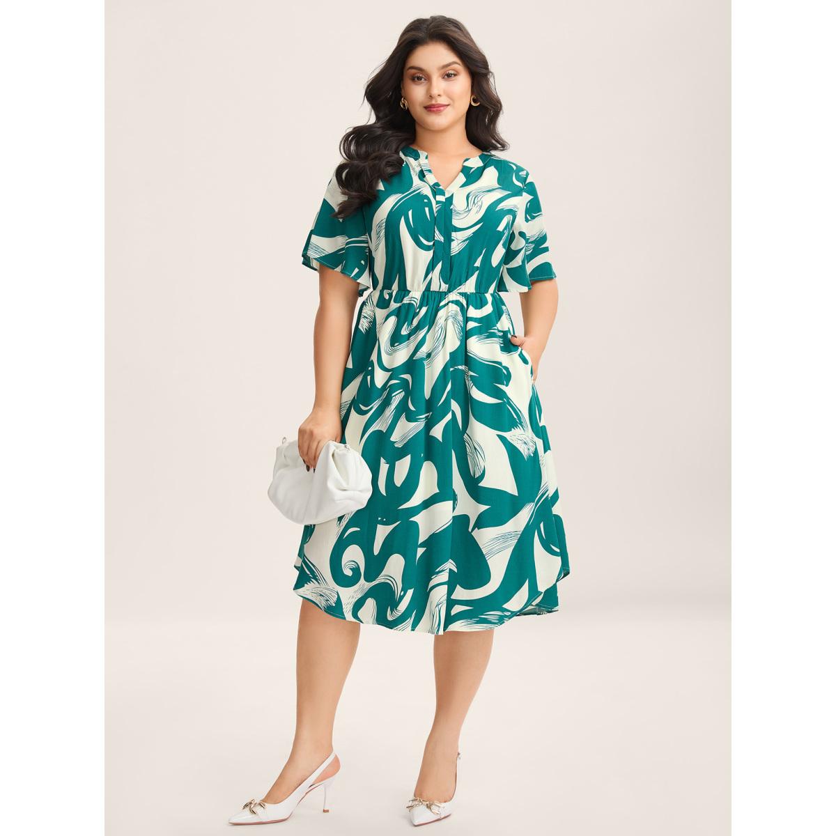 Plus Size Rayon Geometric Print Midi Dress Teal Women Flat collar with V-notch Short sleeve Curvy BloomChic 14-16/1X Product Image