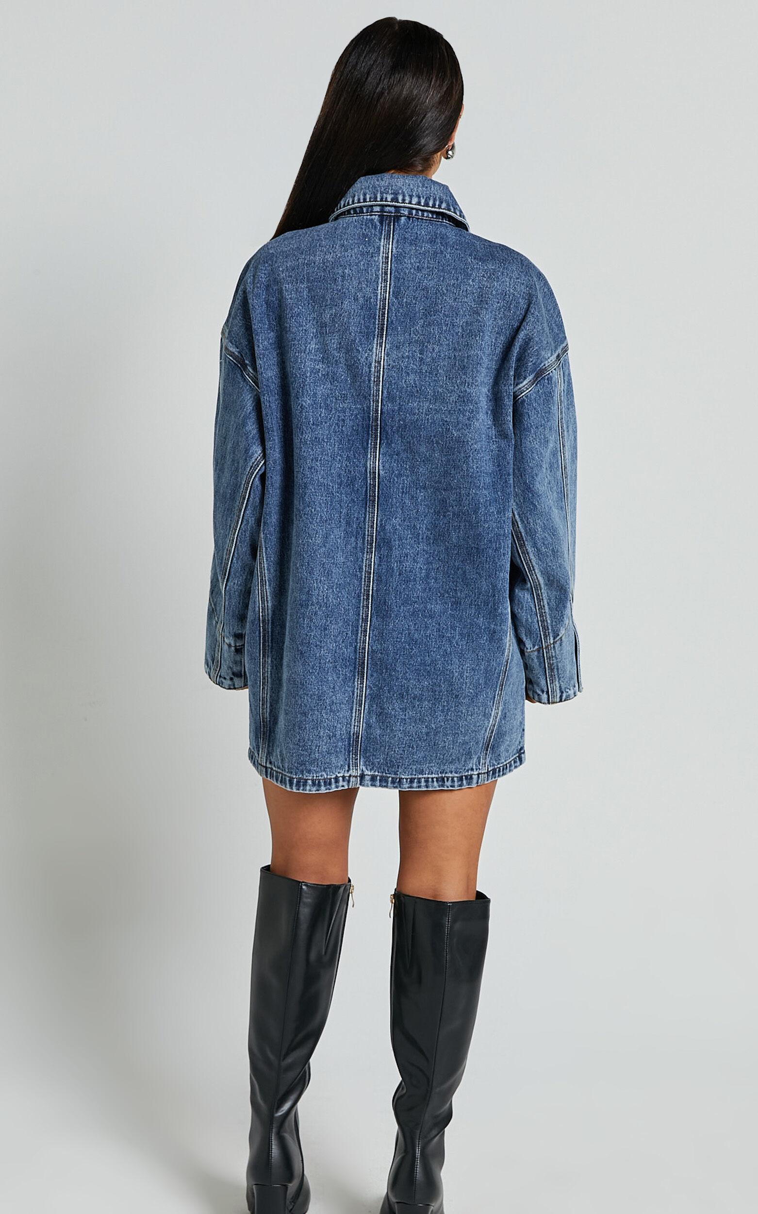 Harlow Jacket - Oversized Long Sleeve Denim Jacket in Mid Blue Wash Product Image