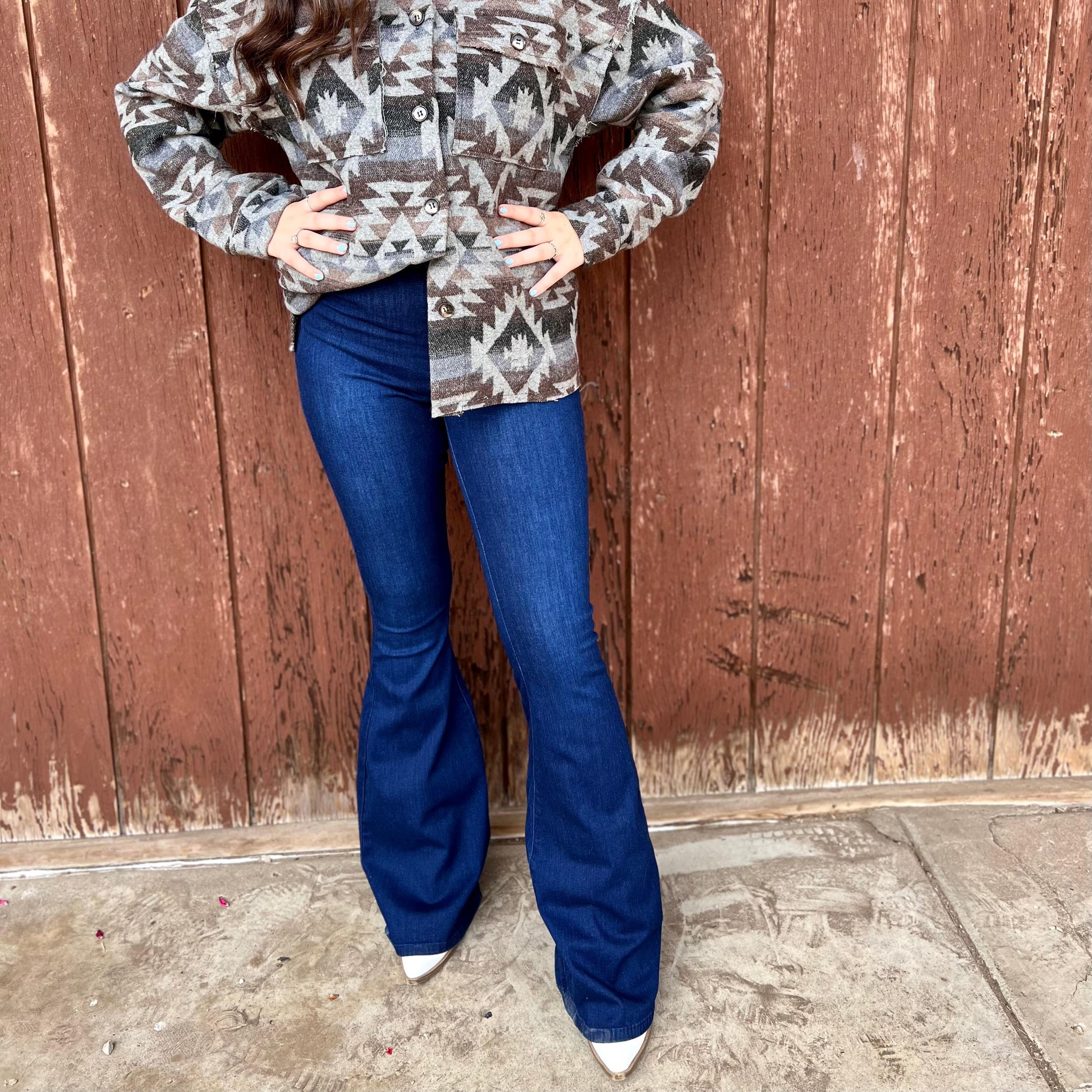 Dark Wash High Rise Stretch Denim Bell Bottoms Product Image