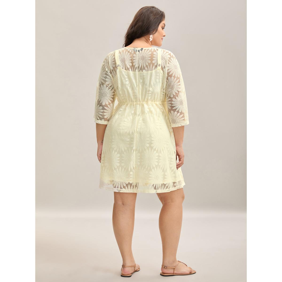 Plus Size Woven Tied Two-Piece Sheer Midi Dress Apricot Women Drawstring V-neck Half Sleeve Curvy BloomChic 18-20/2X Product Image