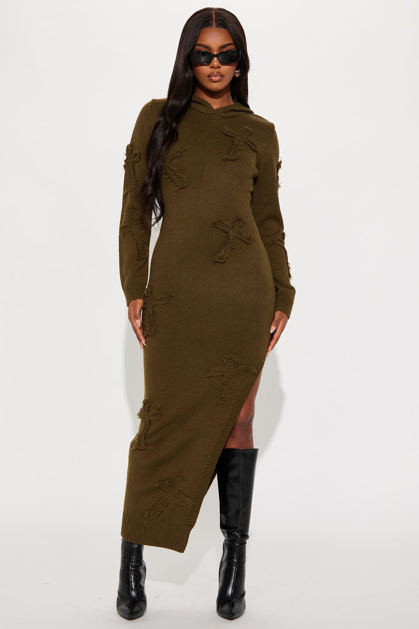 Alix Hooded Sweater Maxi Dress - Olive Product Image