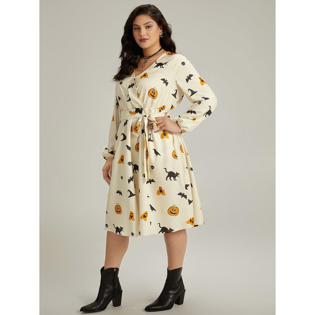 Plus Size Halloween Pumpkin & Bat Print Wrap Lantern Sleeve Dress Beige Women Office Elastic cuffs Overlap Collar Long Sleeve Curvy Midi Dress BloomChic 18-20/2X Product Image