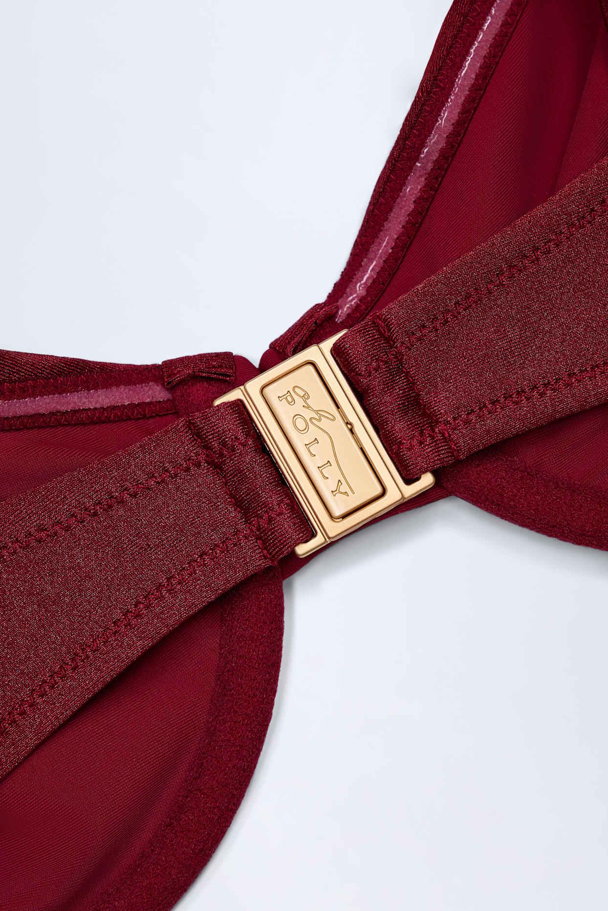 Bead-Embellished Ruched Underwired Bikini Top in Dark Cherry Product Image