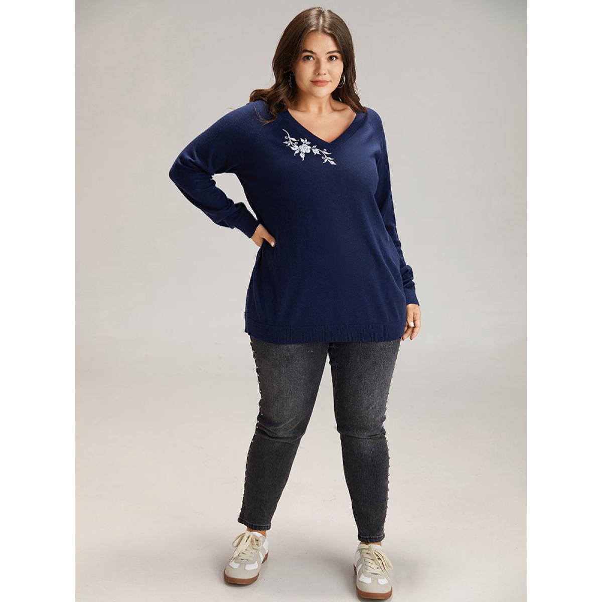 Plus Size Supersoft Essentials Floral Embroidered Pullover Indigo Women Casual Loose Long Sleeve V-neck Dailywear Pullovers BloomChic 18-20/2X Product Image