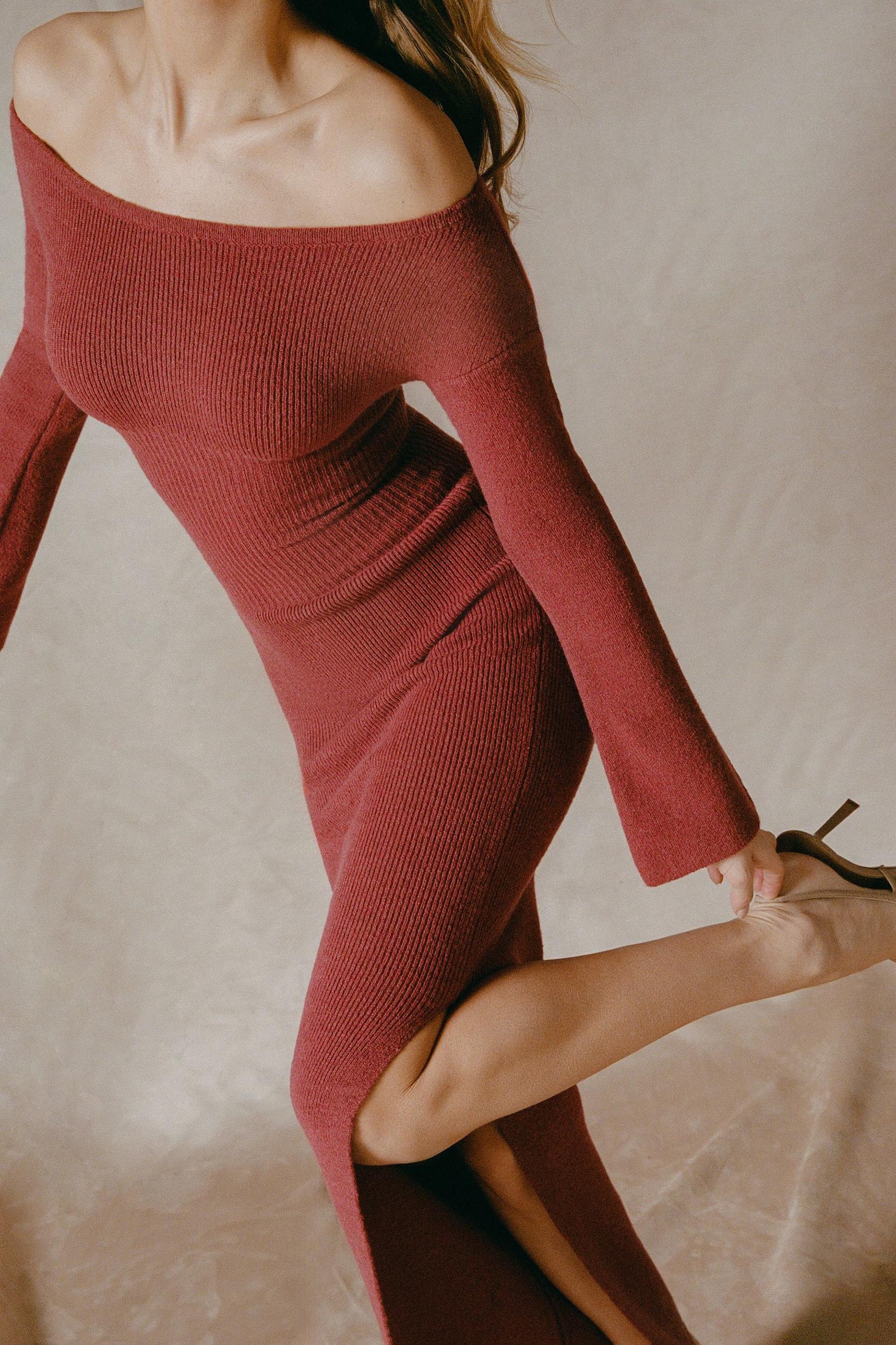 Ribbed-Knit Off-Shoulder Maxi Dress in Brick Red Product Image