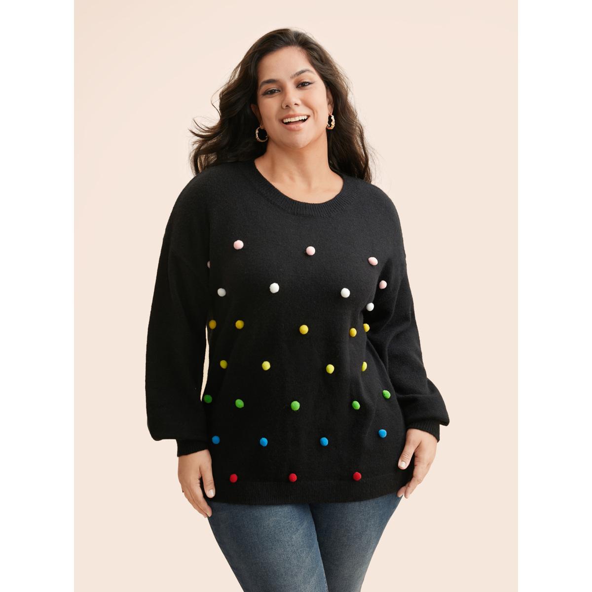 Plus Size Colored Fluffy Ball Drop Shoulder Pullover Black Women Casual Loose Long Sleeve Round Neck Everyday Pullovers BloomChic 14-16/1X Product Image