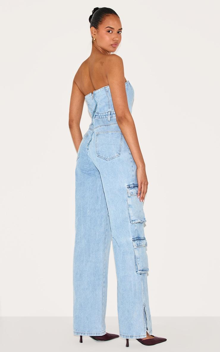 Light Blue Wash Cargo Pocket Bandeau Denim Jumpsuit Product Image