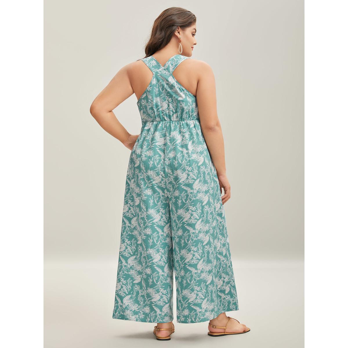 Plus Size Turquoise Plant Print Button Detail Stretchy Jumpsuit Women Resort Sleeveless V-neck Vacation Loose Jumpsuits BloomChic 28/5X Product Image