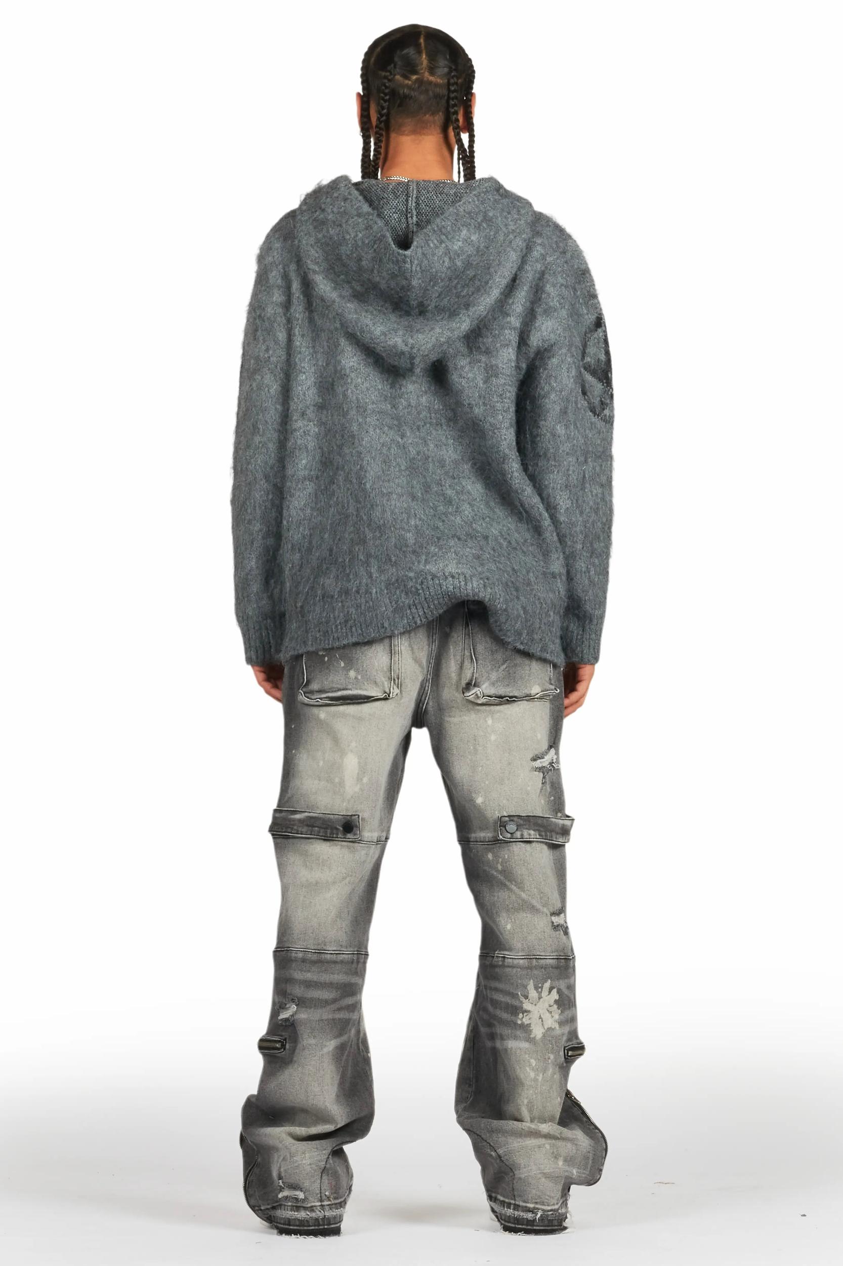 Wizzurd Grey Graphic Knitted Mohair Hoodie Male Product Image