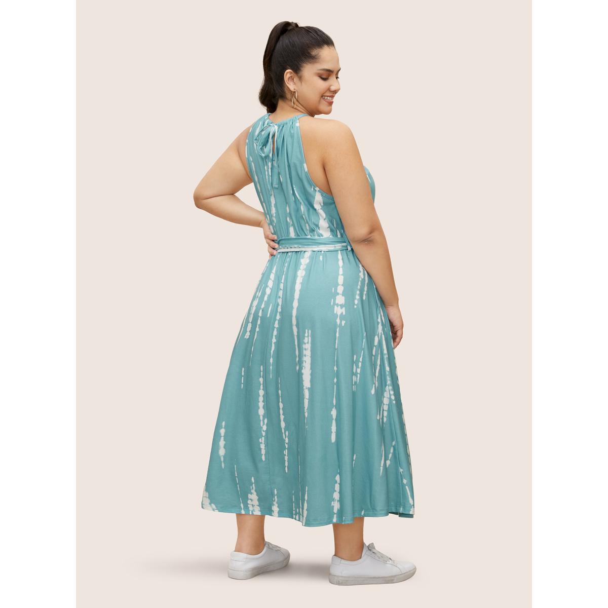 Plus Size Tie Dye Halter Neck Belted Gathered Dress LightBlue Women Casual Gathered Halter neck Sleeveless Curvy BloomChic 12/L Product Image