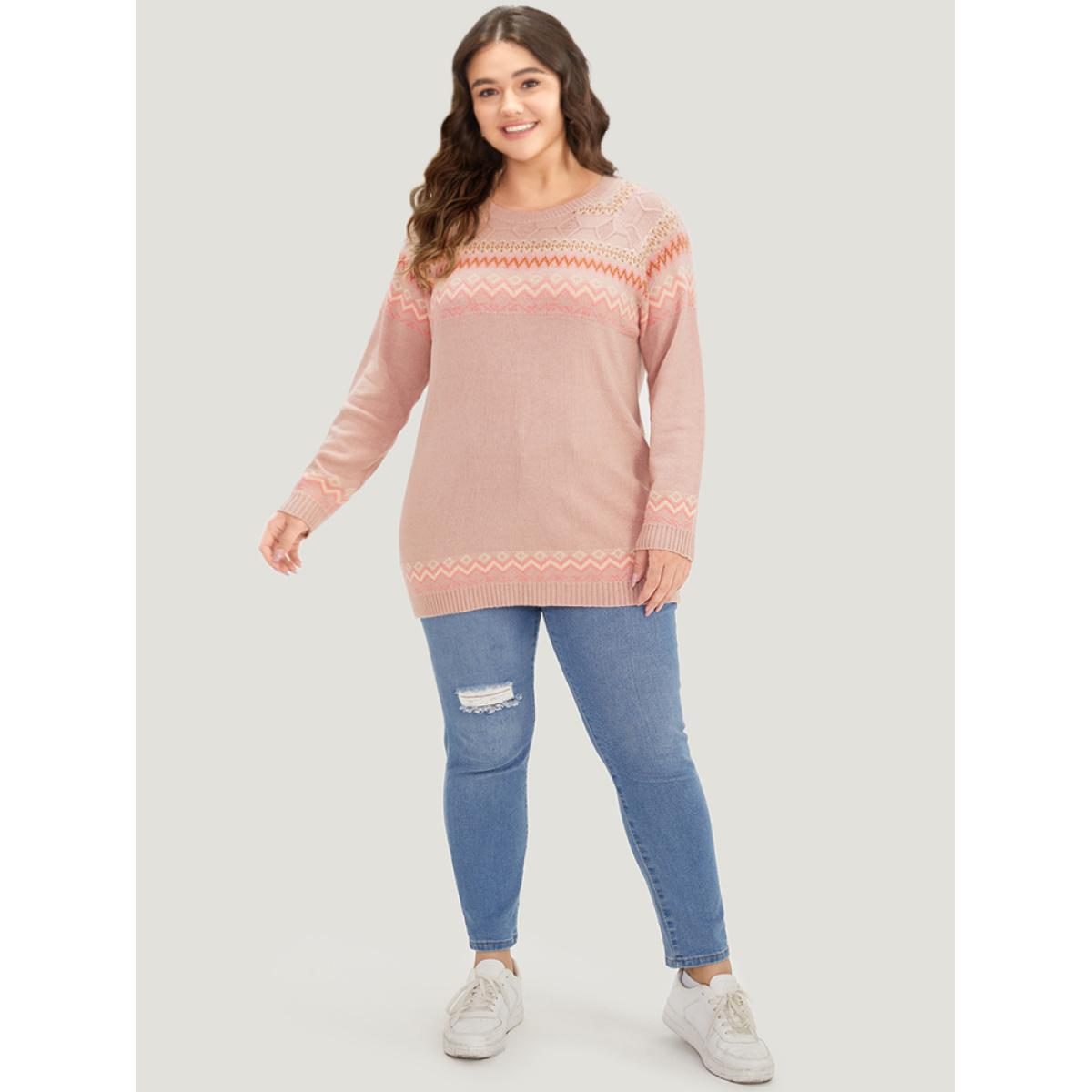 Plus Size Supersoft Essentials Geometric Graphic Plisse Pullover Crepe Women Casual Loose Long Sleeve Round Neck Dailywear Pullovers BloomChic 12/L Product Image