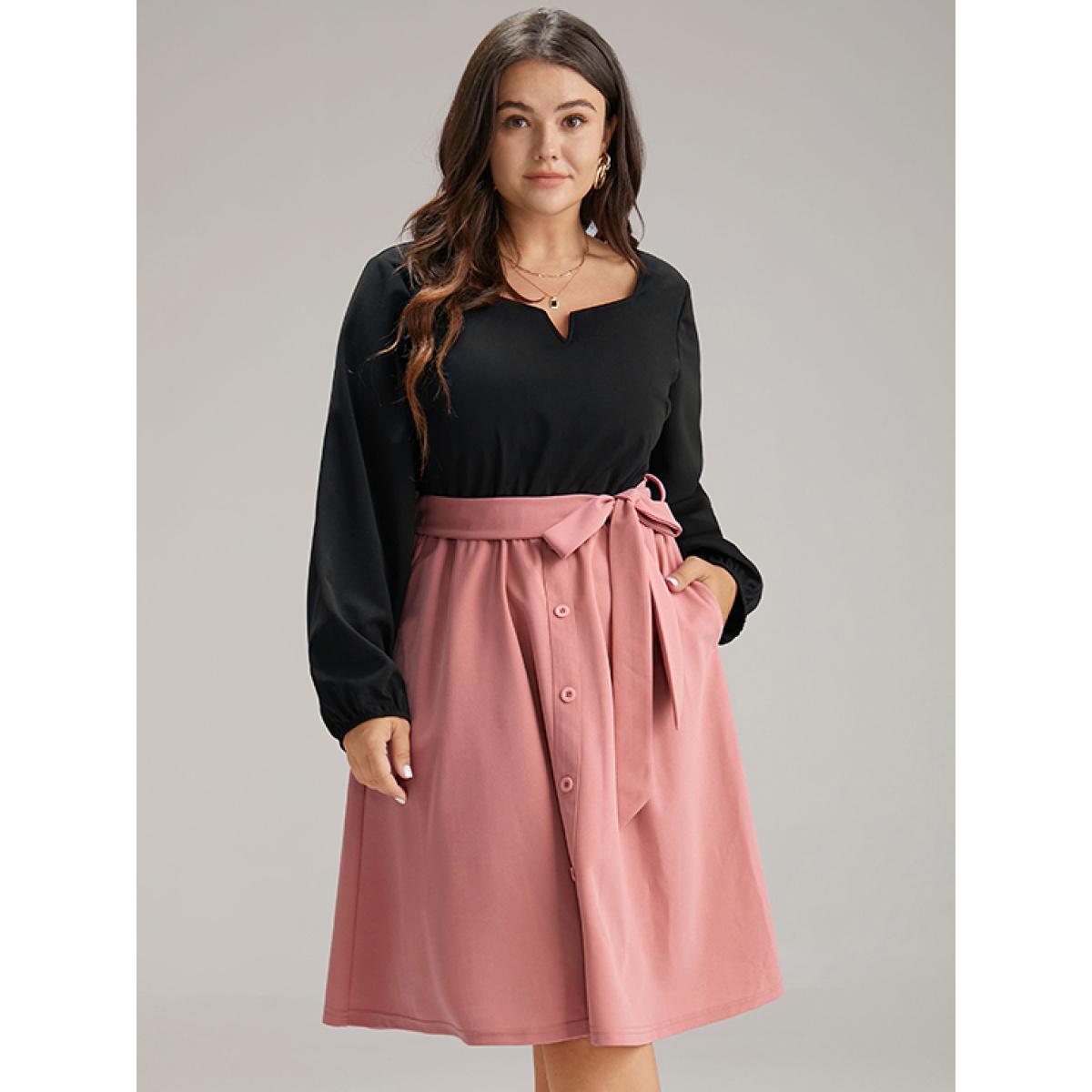 Plus Size Contrast Patchwork Button Detail Belted Dress Rouge Women At the Office Elastic cuffs Notched collar Long Sleeve Curvy Midi Dress BloomChic 22-24/3X Product Image