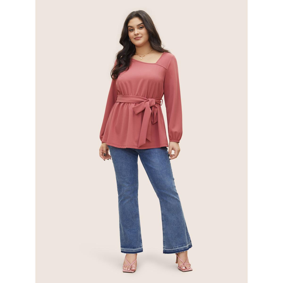 Plus Size DustyPink Asymmetrical Neck Belted Lantern Sleeve Blouse Women Work From Home Long Sleeve Asymmetrical Neck Work Blouses BloomChic 28/5X Product Image