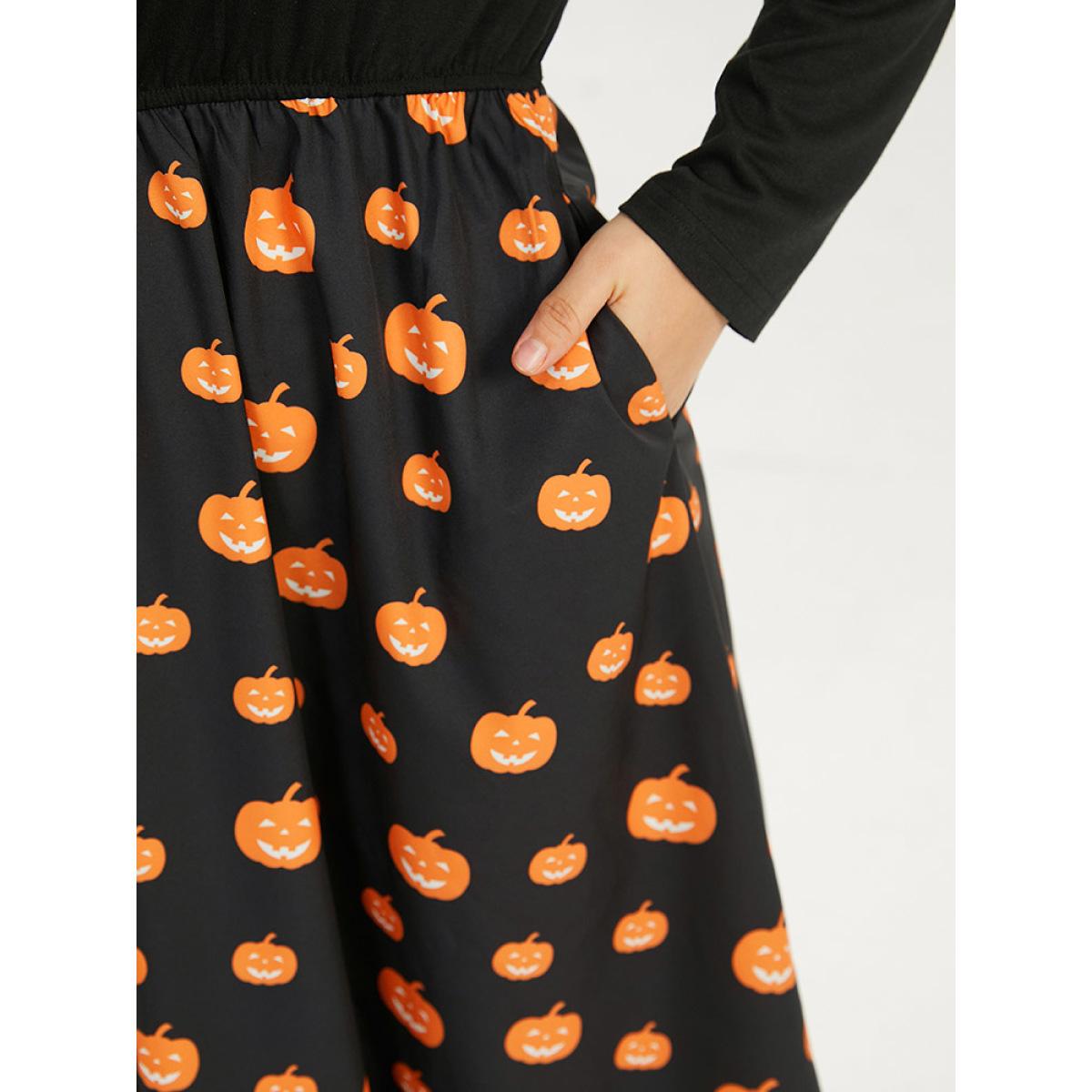 Plus Size Halloween Pumpkin Print Patchwork Keyhole Pocket Dress Black Women Office Printed Keyhole Cut-Out Long Sleeve Curvy Midi Dress BloomChic 10/M Product Image