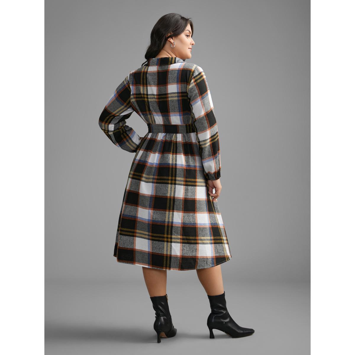 Plus Size Plaid Button Up Belted Knit Dress Multicolor Women At the Office Belted Knit Dresses Bloomchic 18-20/2X Product Image