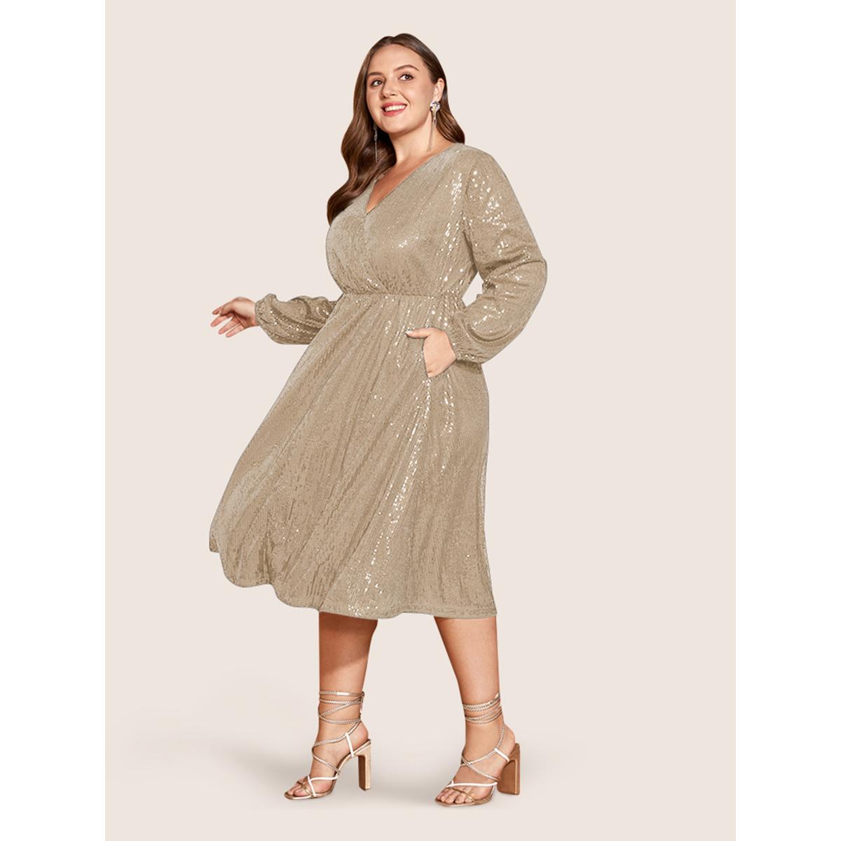Plus Size Solid Pocket Lantern Sleeve Wrap Sequin Dress Champagne Women Party Pocket Overlap Collar Long Sleeve Curvy Midi Dress BloomChic 12/L Product Image