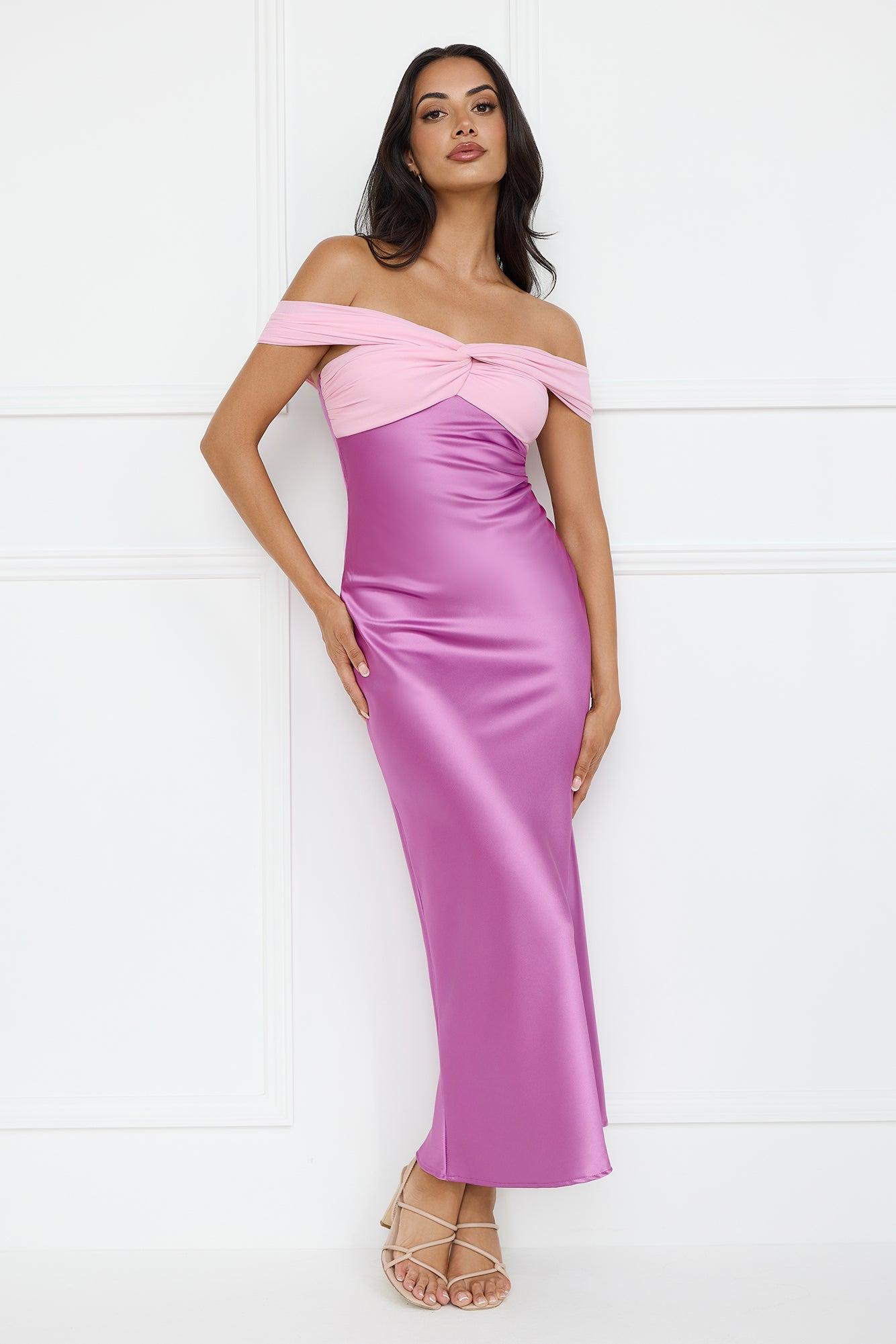 Luxe And Lavish Off Shoulder Satin Maxi Dress Purple Product Image