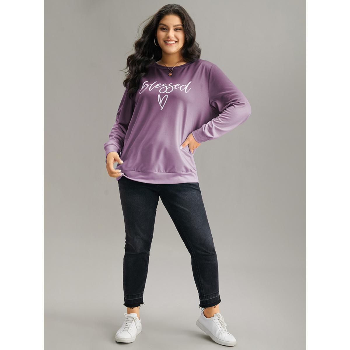 Plus Size Letter Print Ombre Crew Neck Sweatshirt Women Purple Casual Printed Dailywear Sweatshirts BloomChic 10/M Product Image