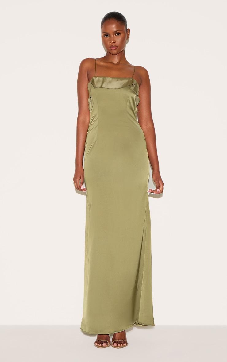 Sage Green Satin Draped Frill Back Detail Maxi Dress Product Image