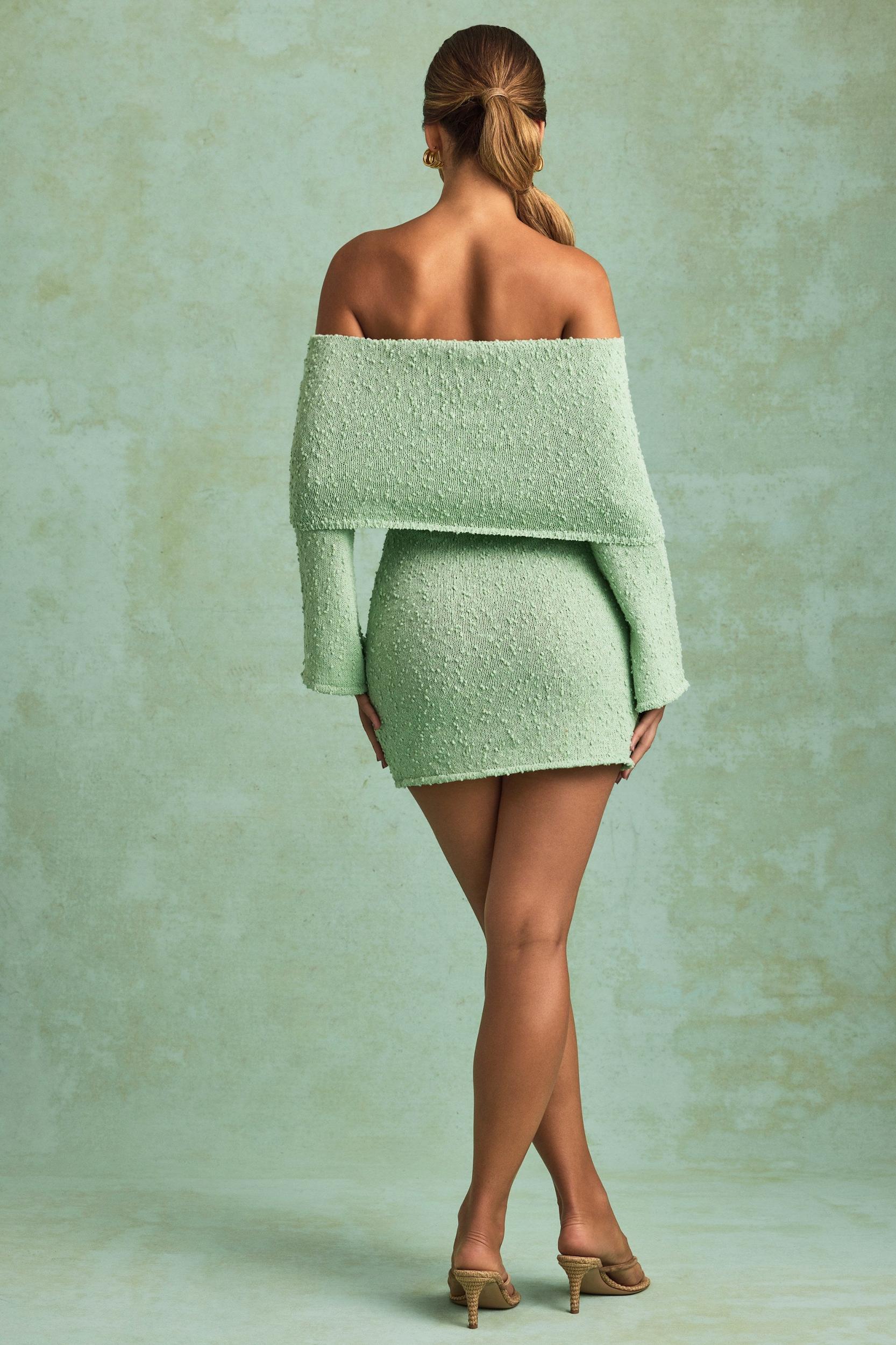 Bouclé Off-Shoulder Mini Dress in Mint Product Image
