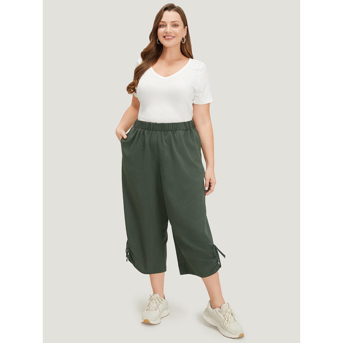 Plus Size Plain Gathered Elastic Waist Drawstring Hem Pocket Pants Women SlateGray Casual High Rise Dailywear Pants BloomChic 10/M Product Image