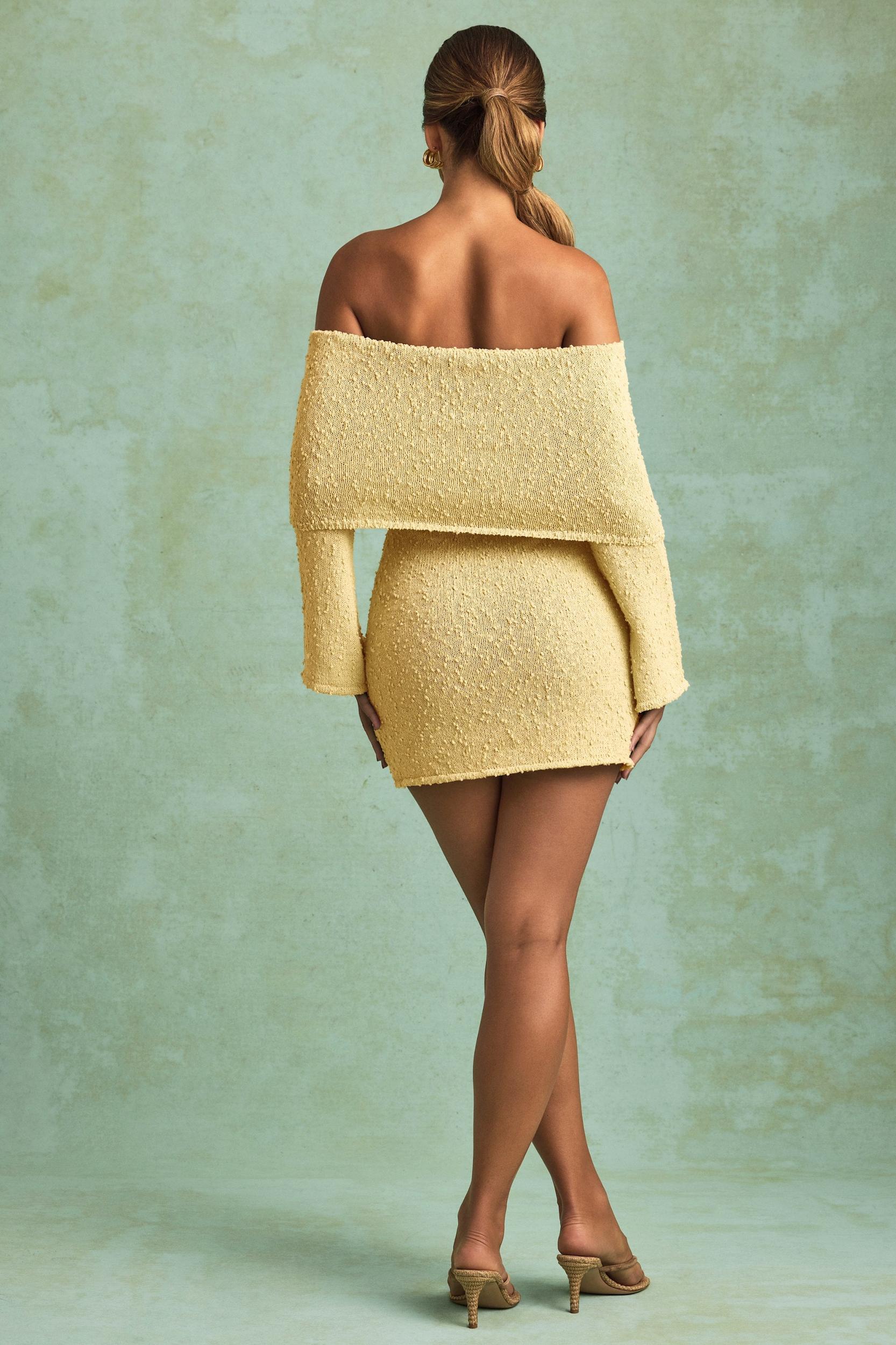 Bouclé Off-Shoulder Mini Dress in Yellow Product Image