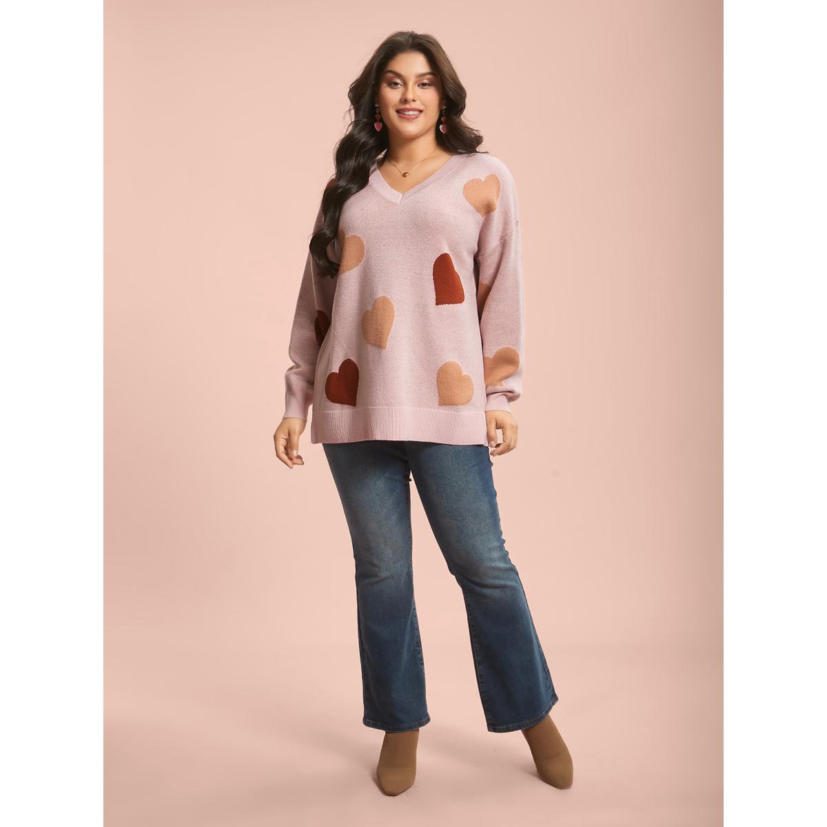Plus Size V-Neck Heart Jacquard Contrast Pullover Nudepink Women Playful Loose Long Sleeve V-neck Casual Pullovers BloomChic 22-24/3X Product Image