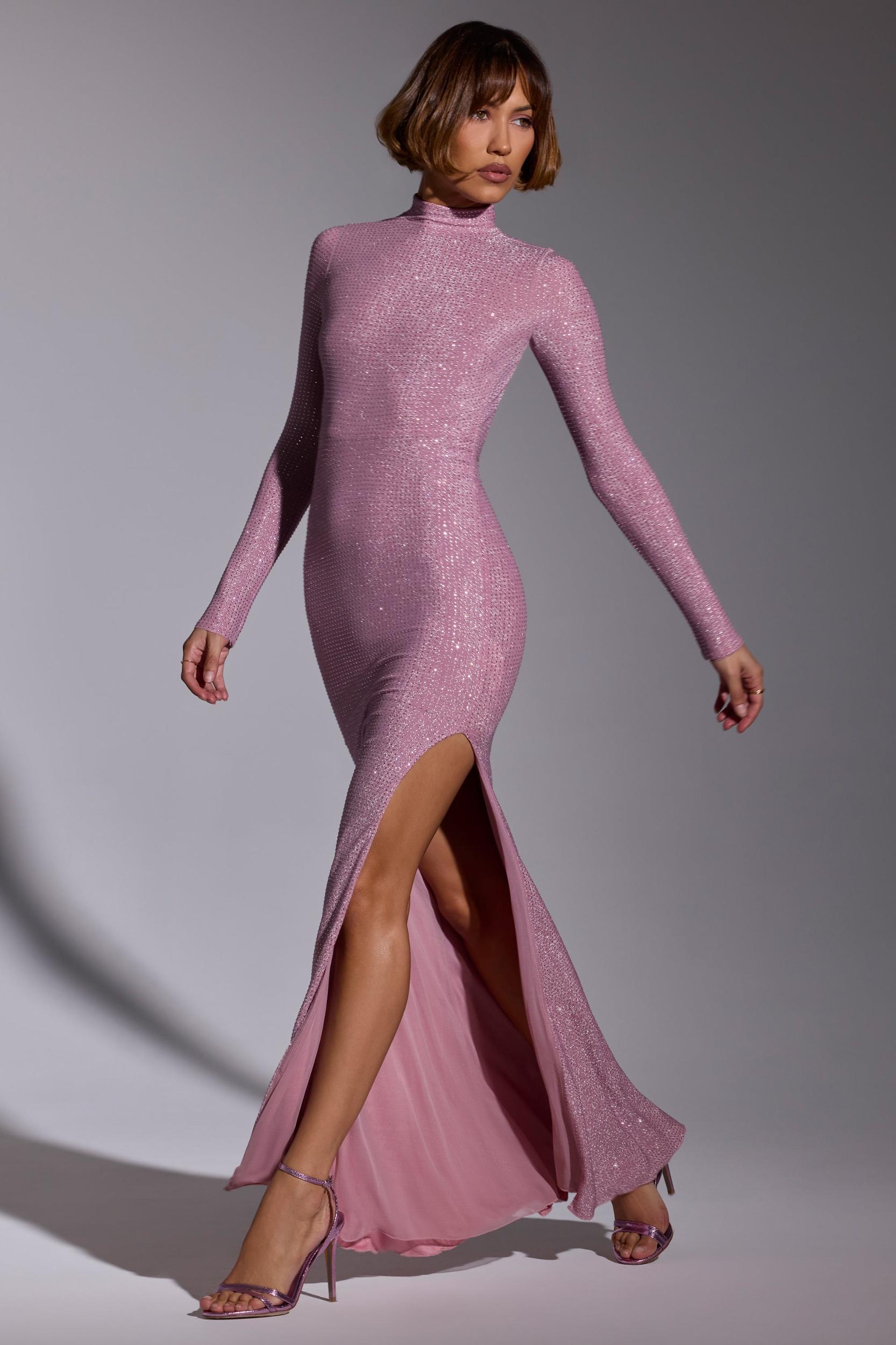 Embellished Long Sleeve Evening Gown in Light Pink Product Image