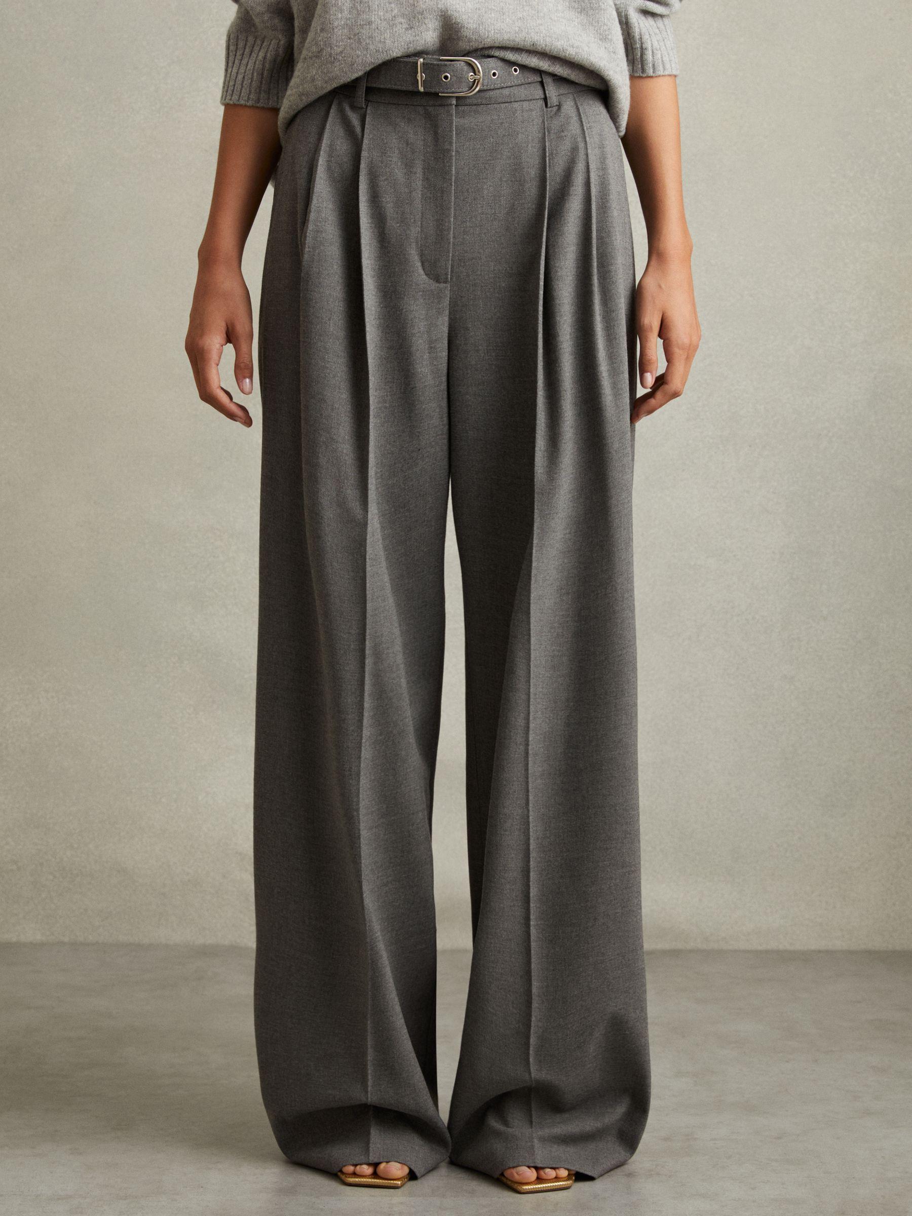 Belted Wide Leg Trousers in Grey Product Image