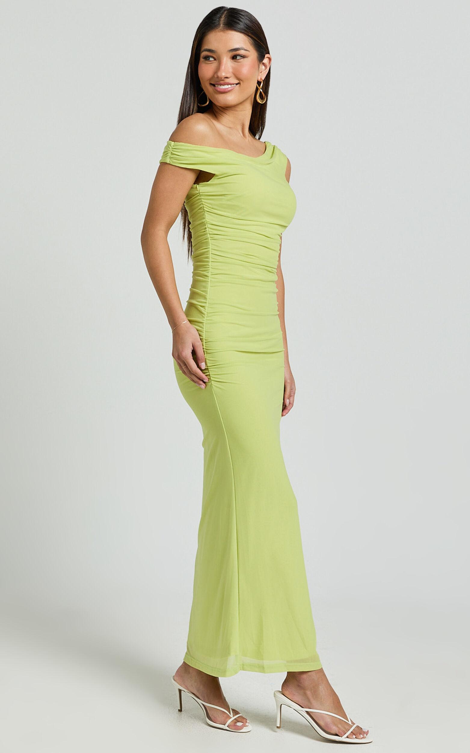 Vicky Midi Dress - Off the Shoulder Slip Dress in Lime Product Image
