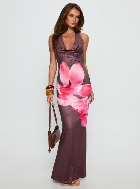 Raleina Halter Cowl Neck Maxi Dress Brown Floral Product Image