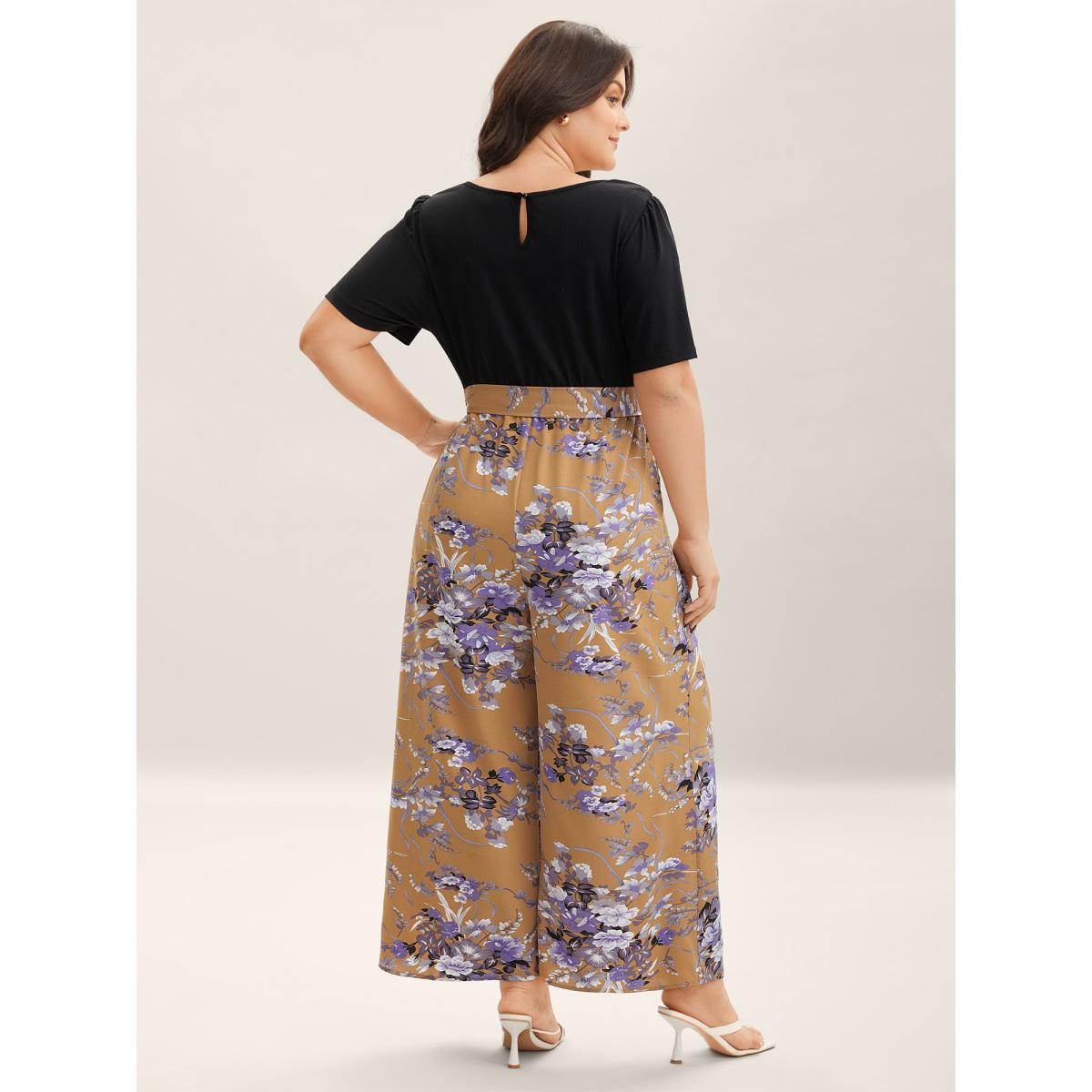 Plus Size Lightorange Color Contrast Belted Panel Pockets Jumpsuit Women Timeless Short sleeve Square Neck Elegant Loose Jumpsuits BloomChic 26/4X Product Image