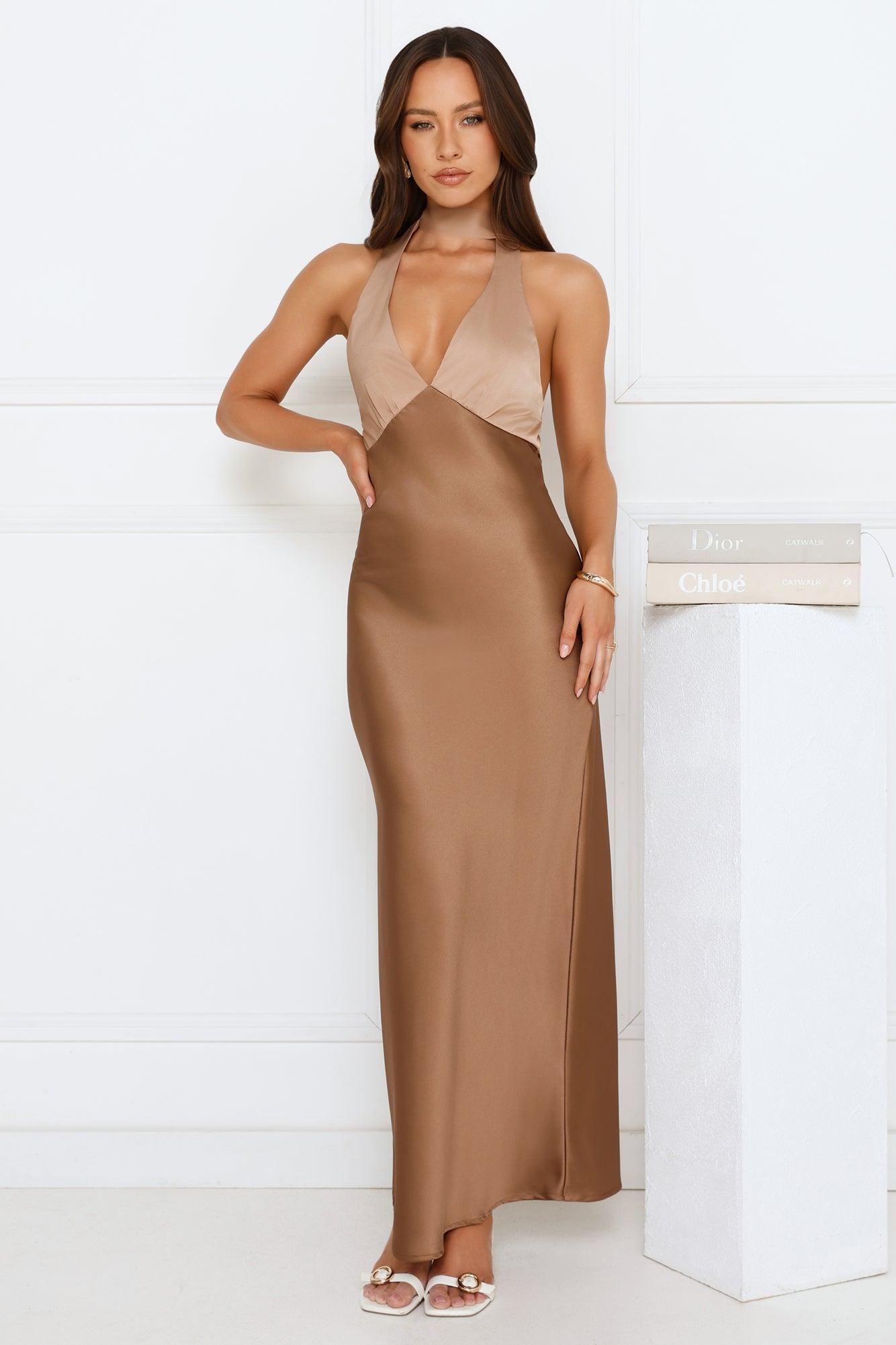 Gilded Grace Satin Maxi Dress Brown Product Image