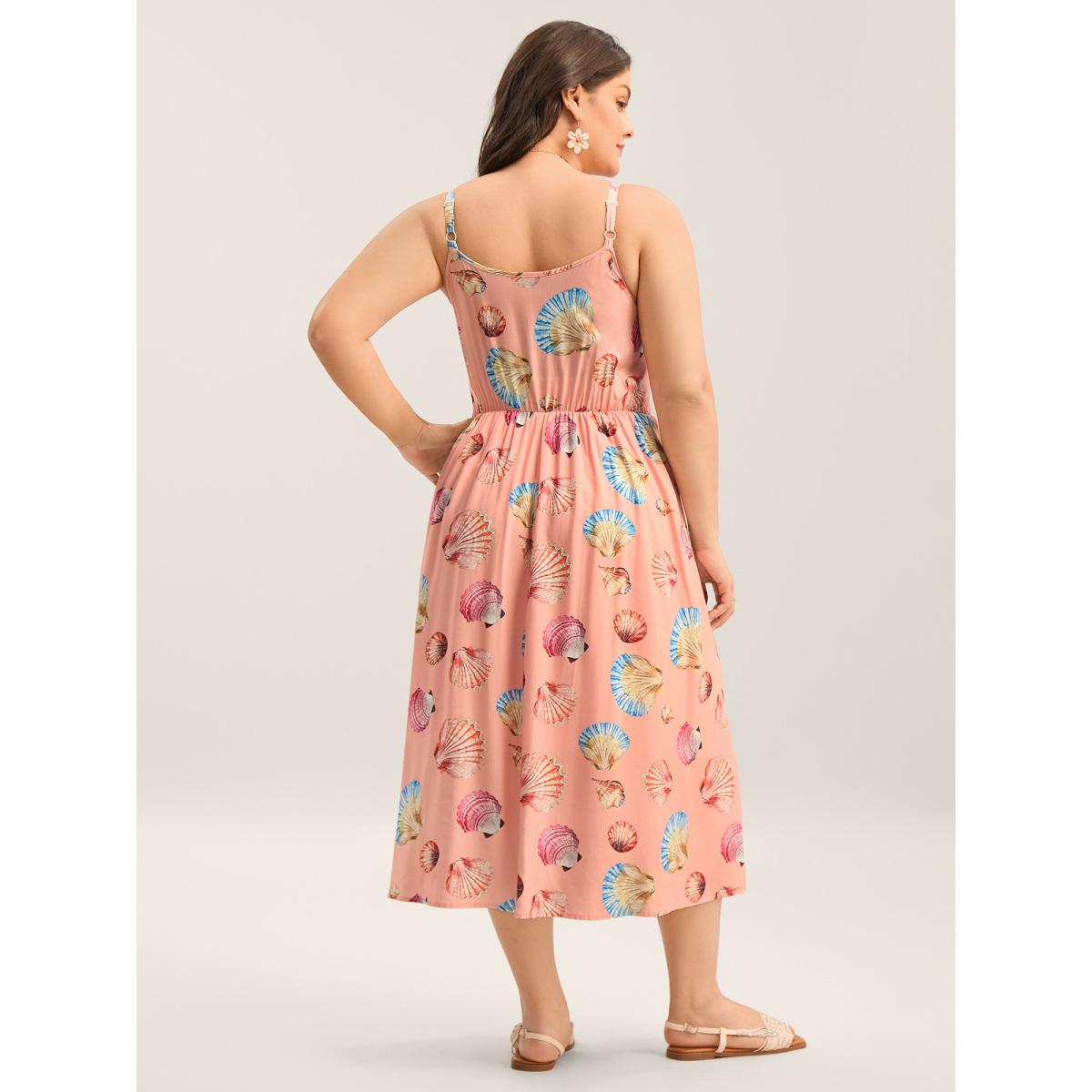 Plus Size Rayon Adjustable Strap Shell Print Midi Dress Lightorange Women Non Sleeveless Curvy BloomChic 12/L Product Image