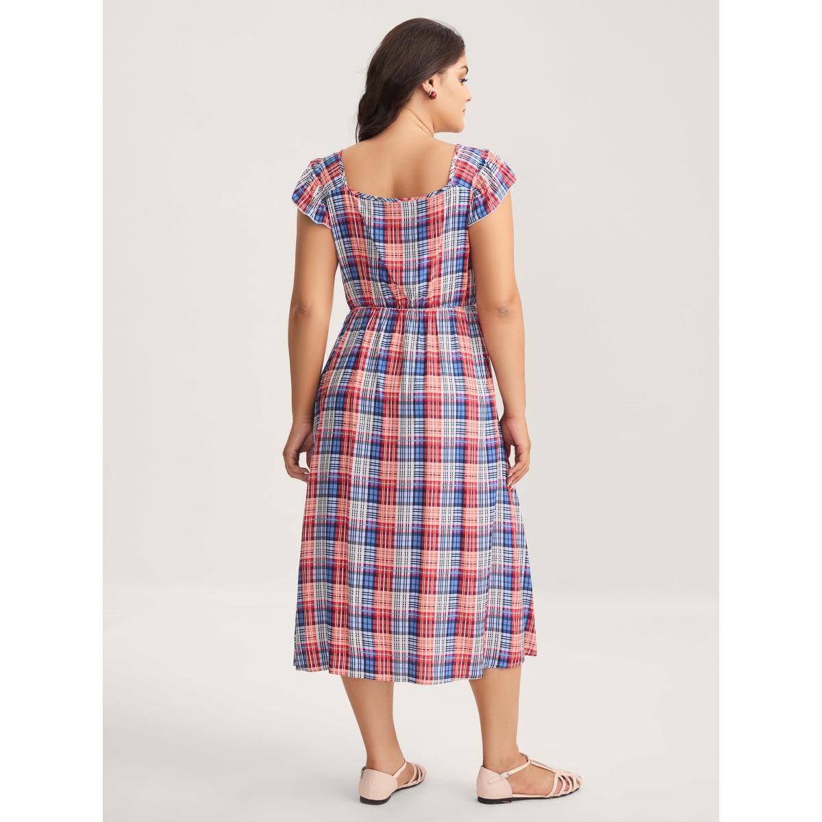 Plus Size Plaid Print Flutter Sleeve Pockets Midi Dress Multicolor Women Heart neckline Cap Sleeve Curvy BloomChic 10/M Product Image