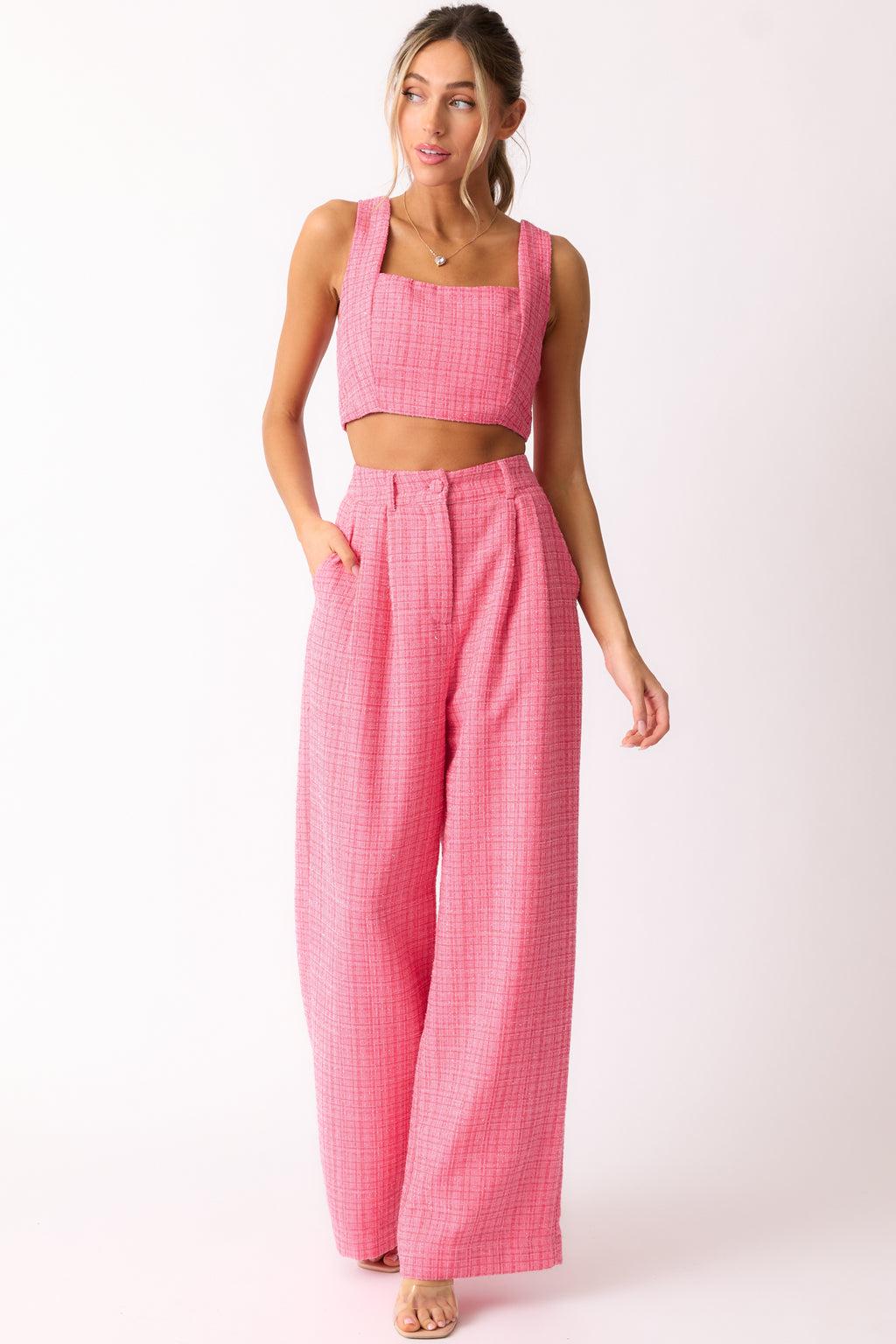 Chase The Day Pink Tweed Wide Leg Pants Product Image