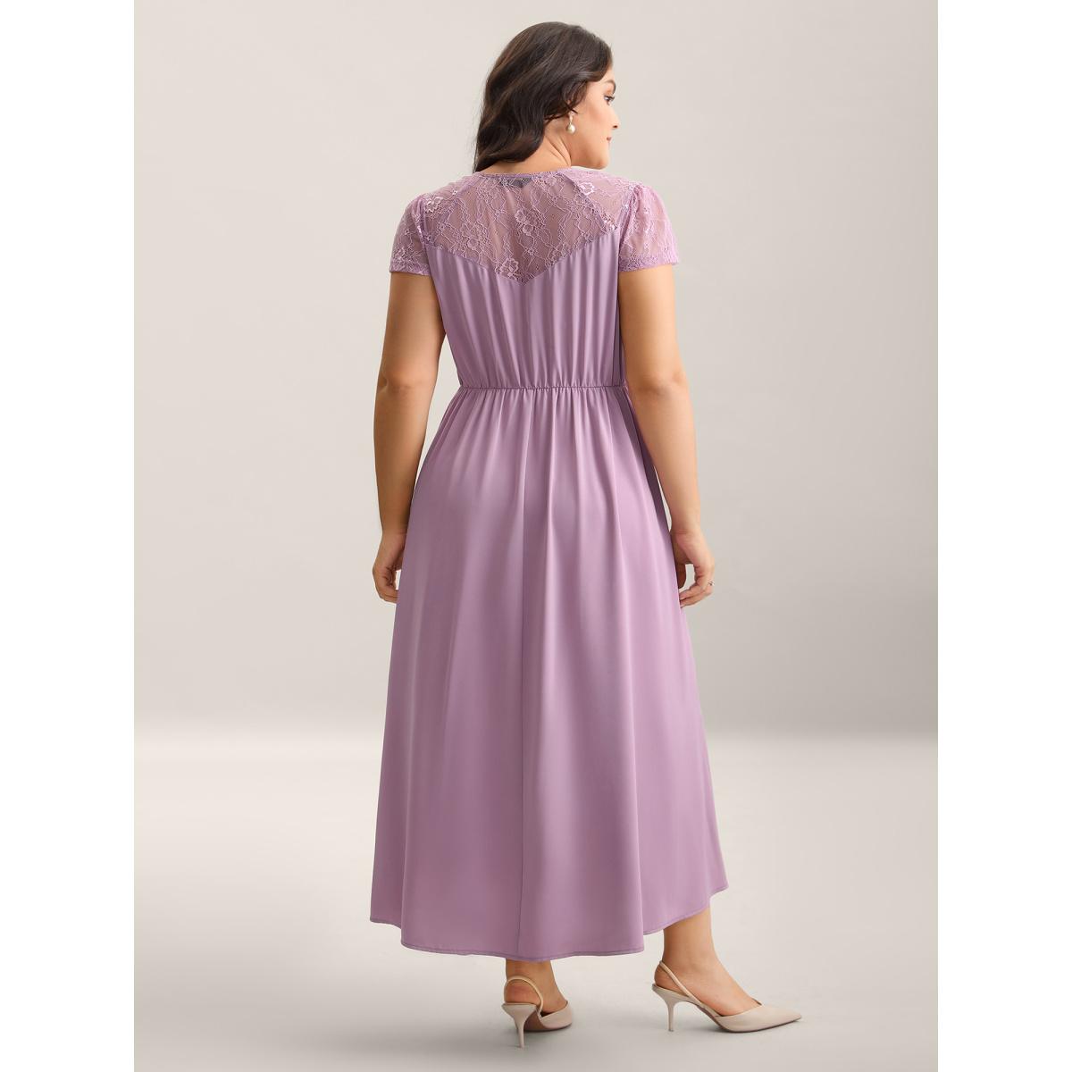 Plus Size Sheer Lace Sleeve Spliced Pockets Maxi Dress Mauve Women V-neck Cap Sleeve Curvy BloomChic 28/5X Product Image