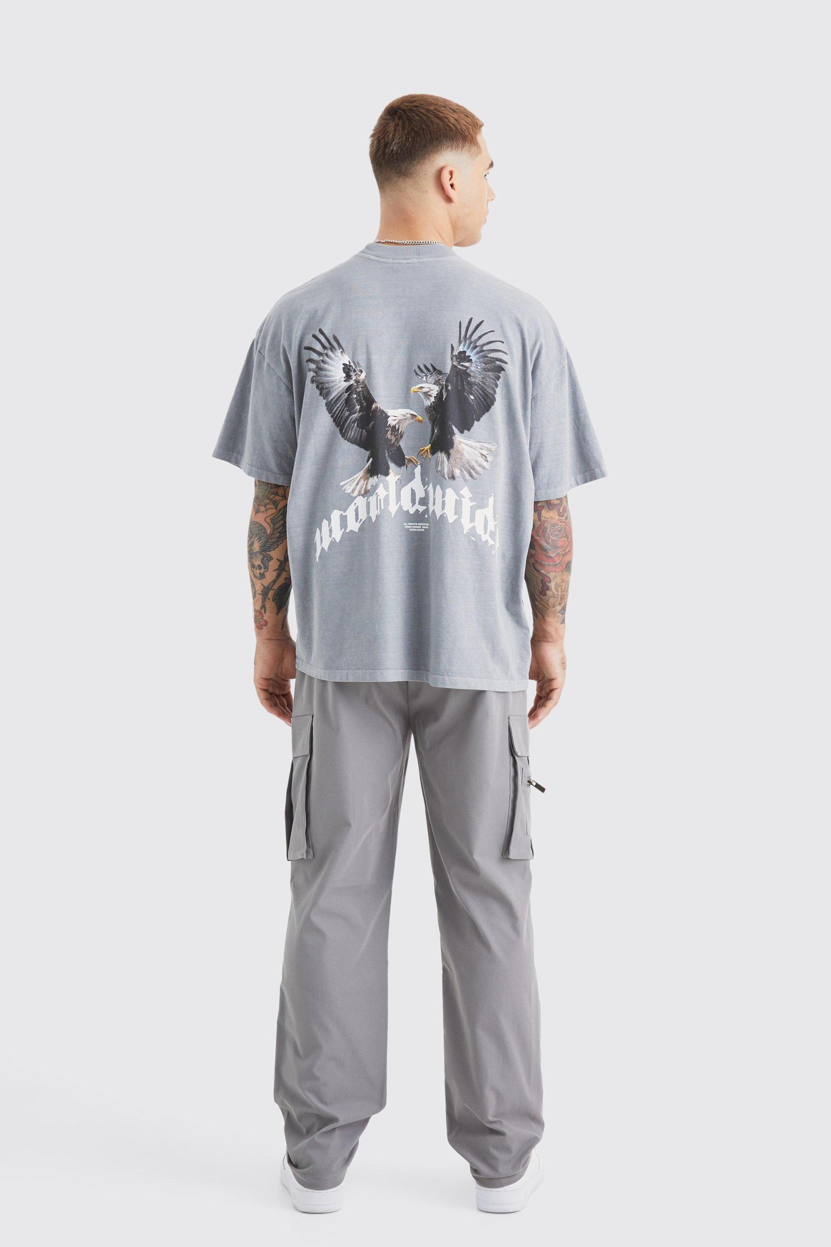 Washed Oversized Extended Neck Eagle Graphic T-shirt | boohooMAN USA Product Image