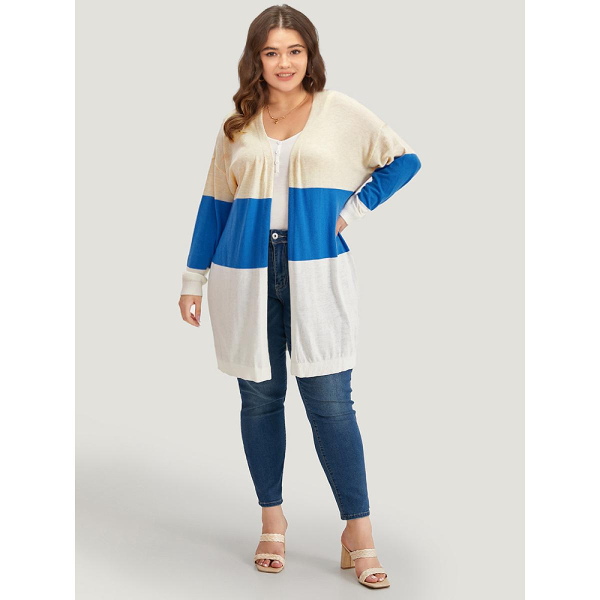 Plus Size Supersoft Essentials Contrast Open Front Lightweight Cardigan Blue Women Casual Long Sleeve Dailywear Cardigans BloomChic 30/6X Product Image