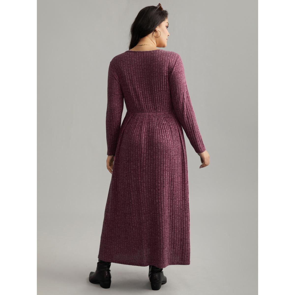 Plus Size Solid Rib Knit Overlap Collar Pocket Dress Purple Women Casual Texture Overlap Collar Long Sleeve Curvy Midi Dress BloomChic 14-16/1X Product Image