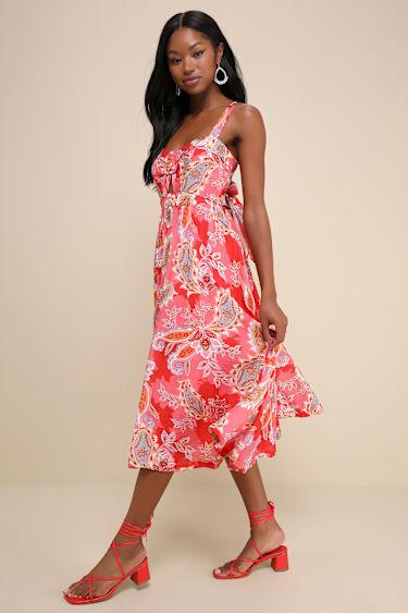 Impeccable Aura Pink Paisley Print Cutout Buckle Midi Dress Product Image