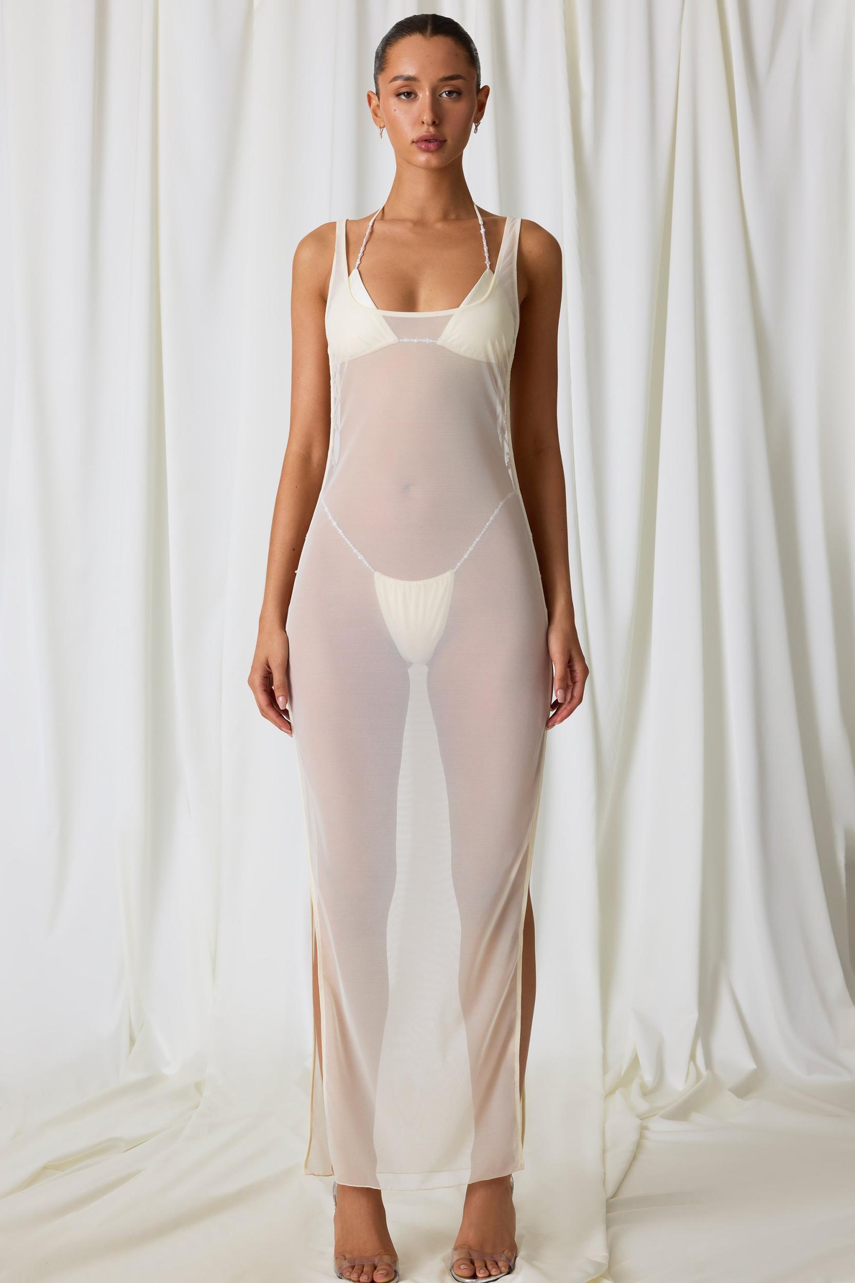 Pearl-Detail Cut-Out Maxi Dress in Pearl White Product Image