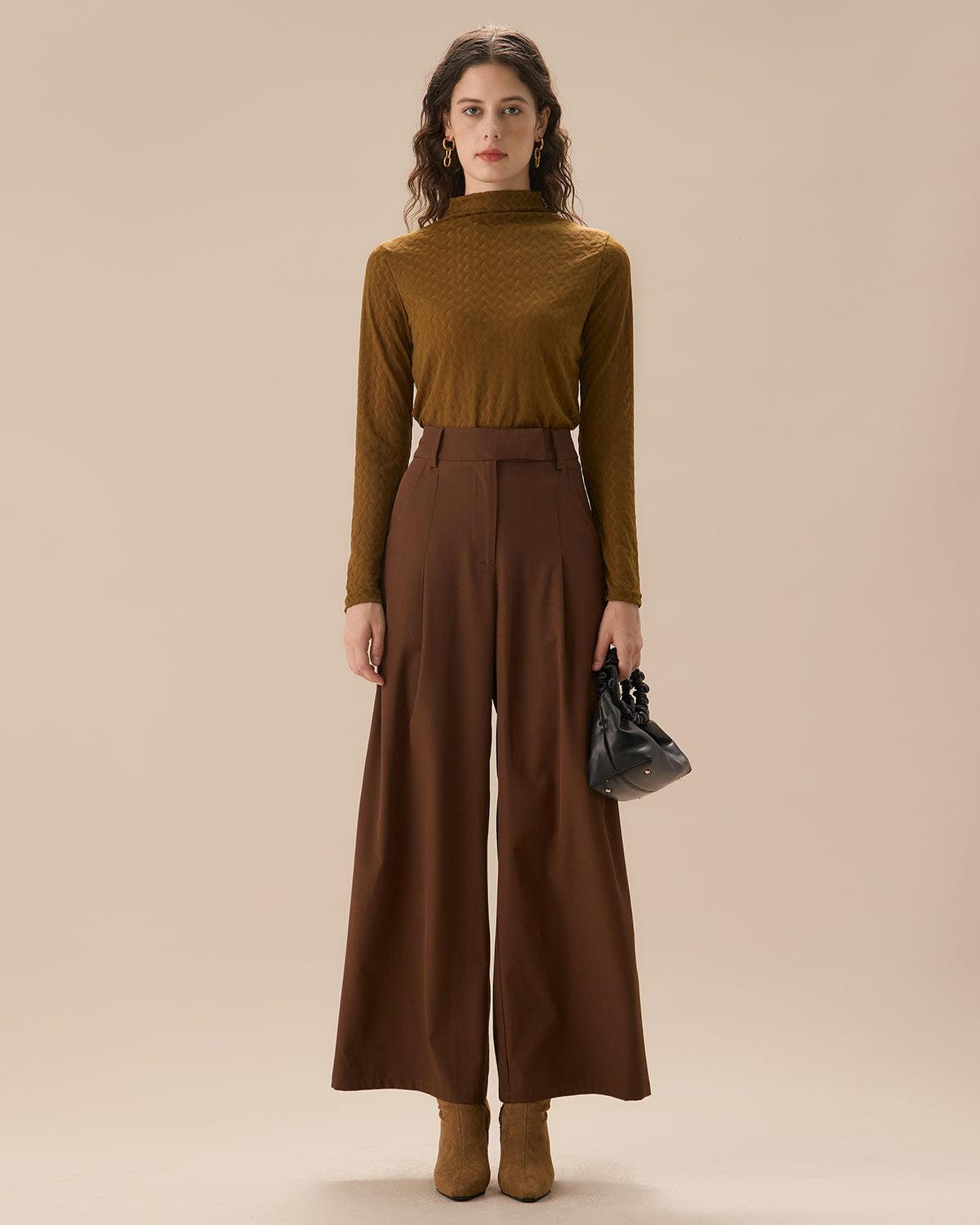 Brown High Waisted Pockets Straight Pants Product Image