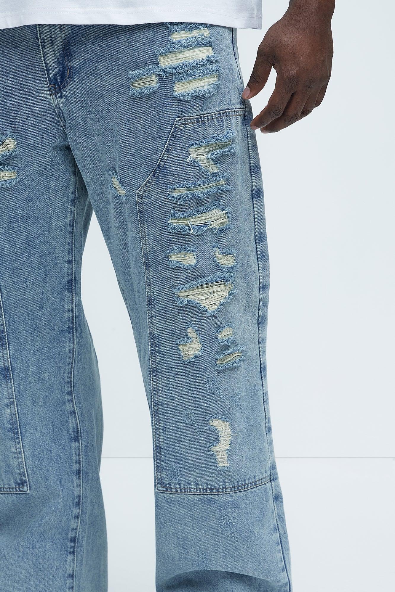 Be About It Distressed Carpenter Baggy Jeans - Light Wash Product Image