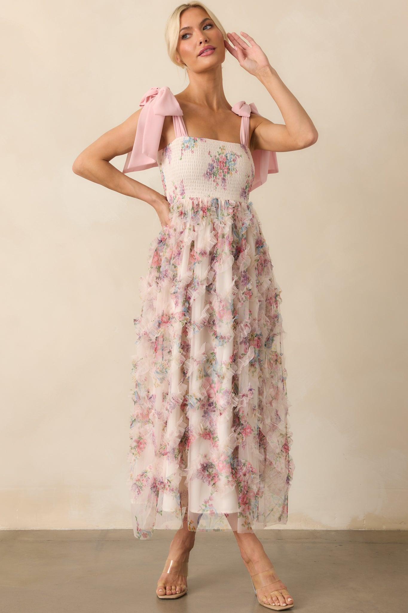 As Luck Would Have It Light Pink Floral Print Ruffle Maxi Dress Product Image