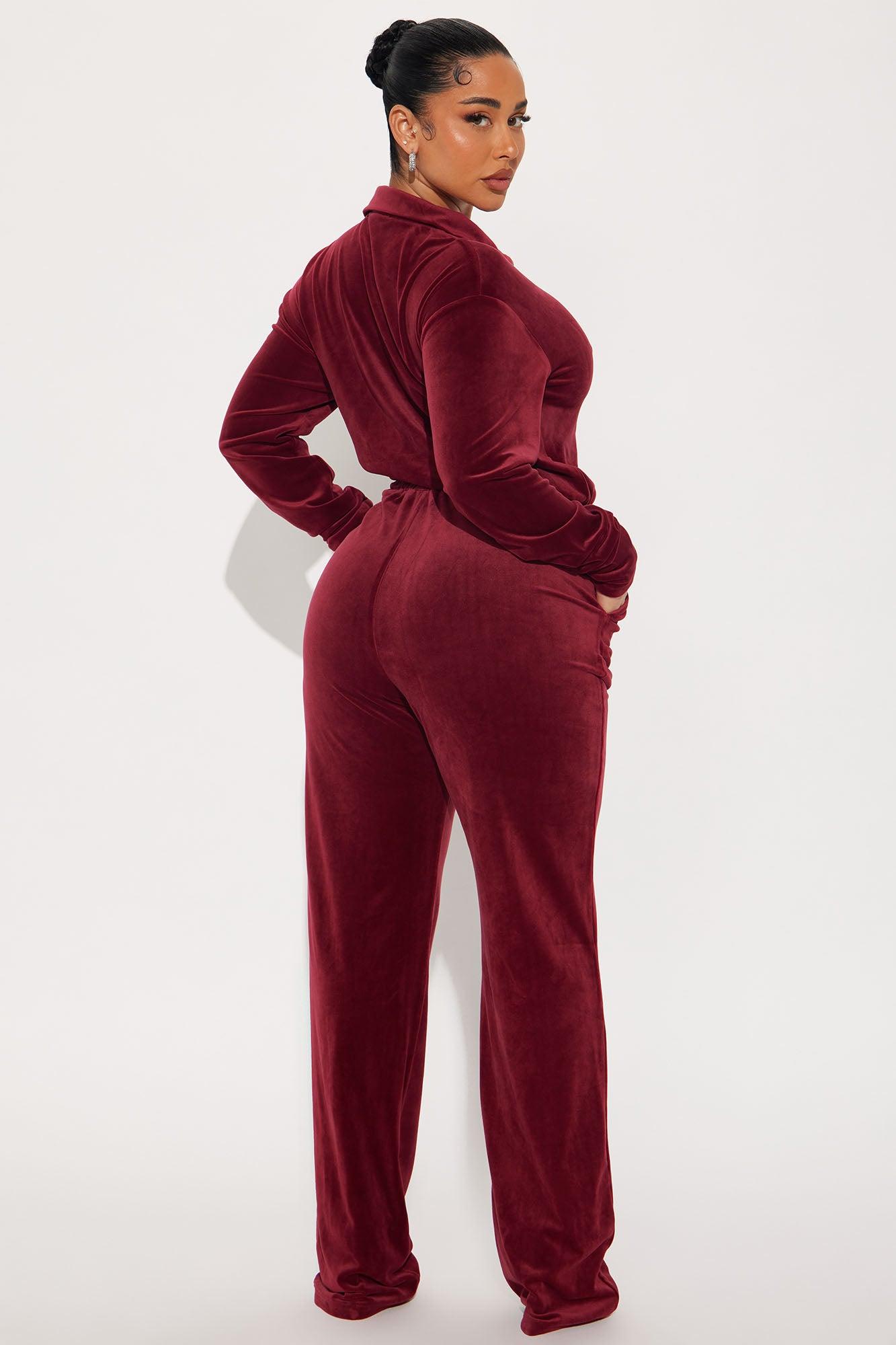 OG Friend Soft Velour Jumpsuit - Burgundy Product Image